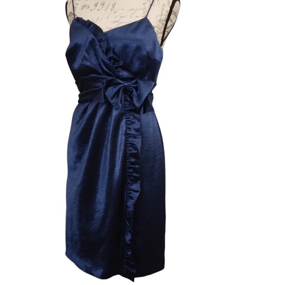 Royal Blue Bow Ruffle Satin Dress Evening Party Dress | Size 8 - Picture 2 of 10